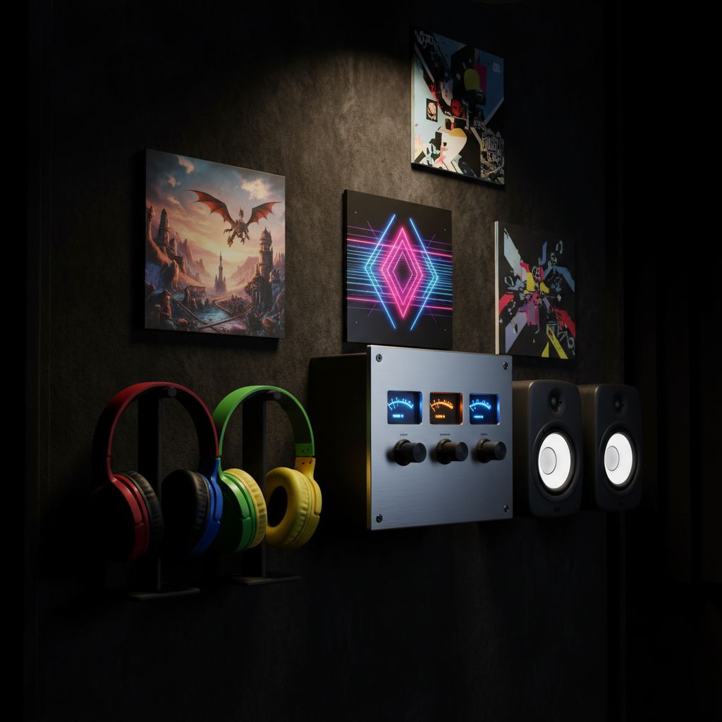 An array of colorful over-ear headphones, compact studio monitors, and a sleek, brushed-metal audio interface arranged on a dark, velvety sound-dampening panel, with a scattering of printed album covers from experimental, fantasy-inspired, and synthwave music. Soft, dim studio lighting creates a focused pool of light across the central audio interface, leaving the edges of the frame to fade into deep shadow. Captured in photographic realism from a low, three-quarter angle, the composition uses rule of thirds to emphasize the glowing level meters and knobs. The atmosphere feels bold and analytical, like a dedicated listening station where every layer of a track is torn apart and celebrated, especially from lesser-known and indie artists.