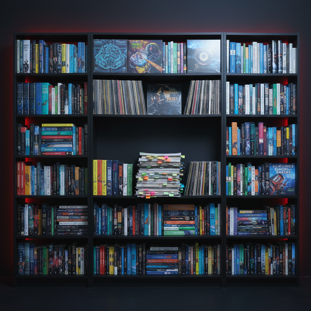 A minimalist, matte-black bookshelf packed with vividly colored fantasy novels, sci-fi hardcovers with metallic foiling, indie game boxes, and vinyl record sleeves, each neatly aligned yet slightly worn at the edges, hinting at heavy use. A single open shelf in the center displays a stack of dog-eared review notebooks with sticky tabs jutting out. Cool, diffused light from an overhead studio source creates crisp, photographic realism with sharp focus across every spine and texture, while a bold red LED strip hidden behind the shelves adds a subtle, rebellious glow. Shot straight-on with symmetrical framing, the mood is organized yet intense, capturing a space where every piece of media is dissected and spotlighted with unapologetic honesty.