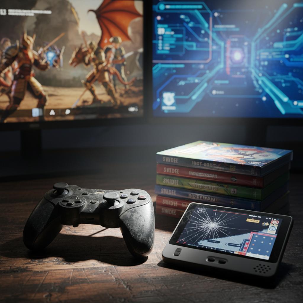 A close-up of a weathered, matte-black game controller resting beside a stack of glossy indie game cases and a handheld console with a cracked but functional screen, all arranged on a scarred wooden tabletop. In the background, a widescreen monitor shows a paused fantasy RPG battle scene and a sci-fi interface split-screened, softly out of focus. A single, strong beam of cool-white desk lamp light cuts across the scene, casting sharp shadows and specular highlights on the plastic, paper, and wood textures. Photographic realism with a slightly elevated angle and shallow depth of field emphasizes the tactile wear and tear, creating a bold, gritty mood that suggests honest, experience-driven reviews of both mainstream and indie games.