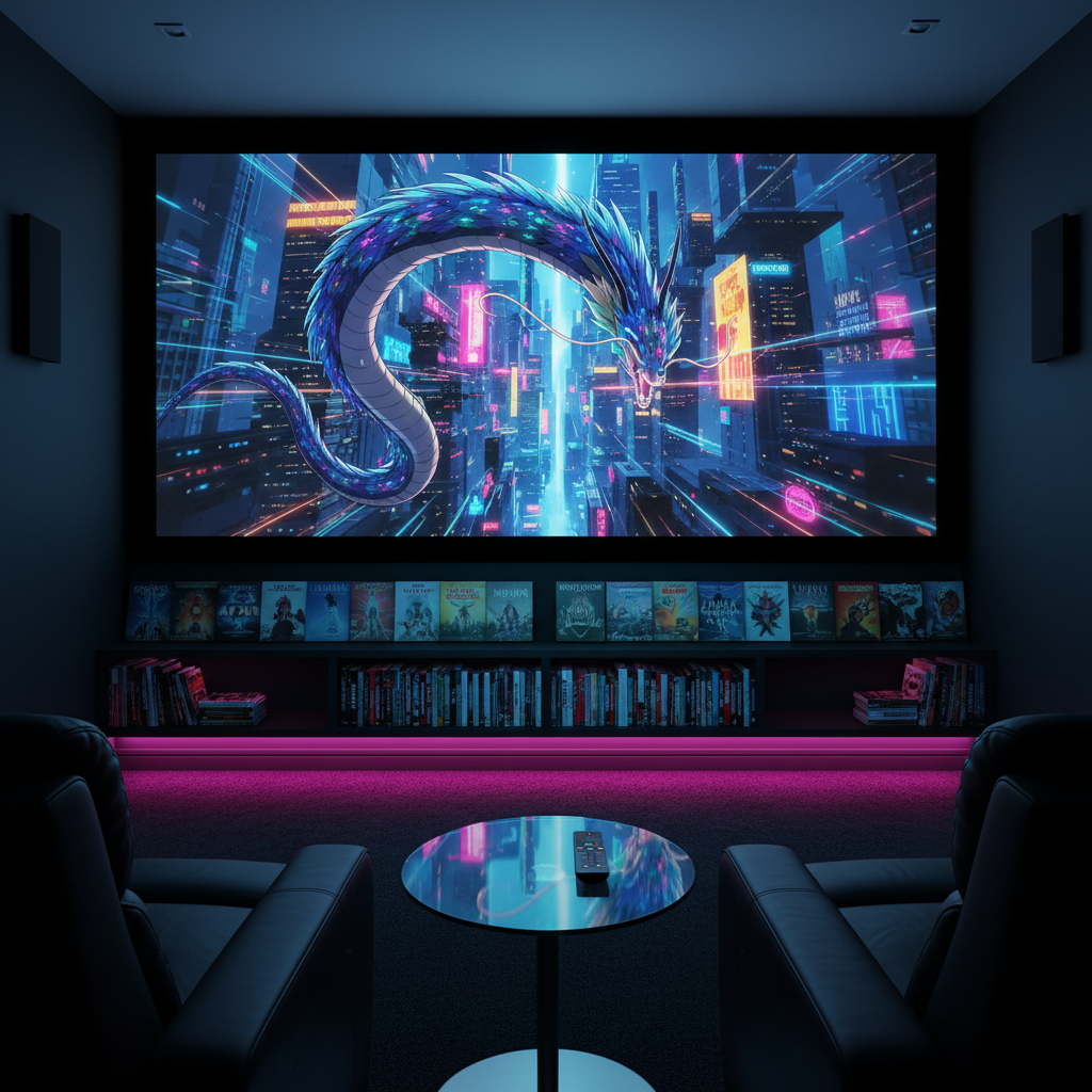 A cinematic home theater setup featuring a massive, wall-mounted screen displaying a freeze-frame of a stylized animated dragon soaring through a neon sci-fi city, surrounded by deep black matte walls. Below, a low-profile media console holds stacked Blu-ray boxes of anime, animated films, and cult fantasy series, all with vivid cover art facing outward. Discreet RGB light strips cast saturated magenta and cyan glows along the floor and edges of the console, contrasting with the cool, dim overhead lighting. Shot from a slightly low, wide-angle perspective in photographic realism, the composition pulls the viewer into the room, evoking a bold, immersive atmosphere ideal for unapologetically honest animation and film reviews.