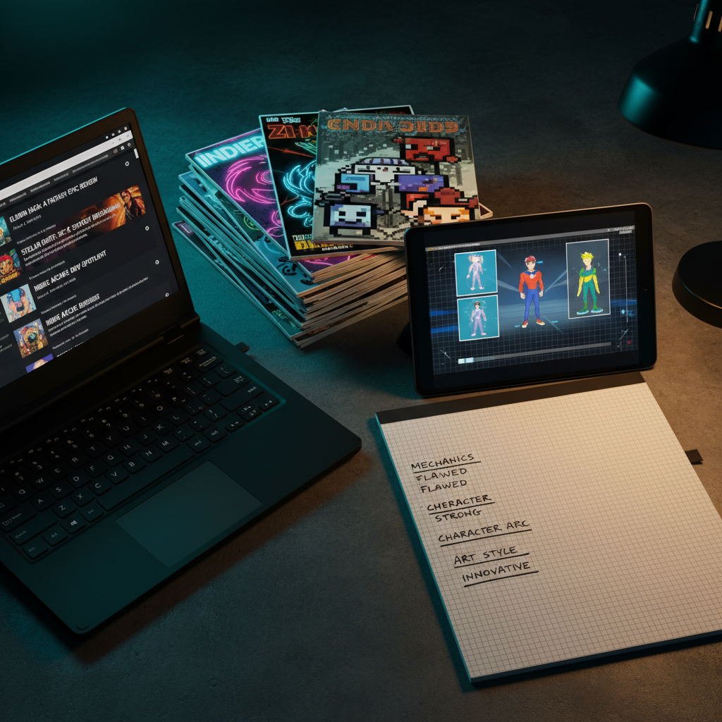 A dramatic overhead shot of a large, charcoal-gray desk covered in meticulously arranged review tools: a rugged laptop with multiple fantasy, sci-fi, and game review tabs open, a stack of printed indie zines with striking cover illustrations, a tablet showing a paused animated scene breakdown, and a grid-lined notebook full of handwritten review notes and bold underlines. A deep, saturated teal light washes in from the left, while a contrasting warm amber desk lamp illuminates the central notebook, creating a dynamic split-tone effect. In crisp photographic realism, every paper fiber and screen reflection is visible. The composition uses strong diagonals formed by notebooks and devices, setting a bold, high-energy mood that communicates serious, organized, no-nonsense critique across media.