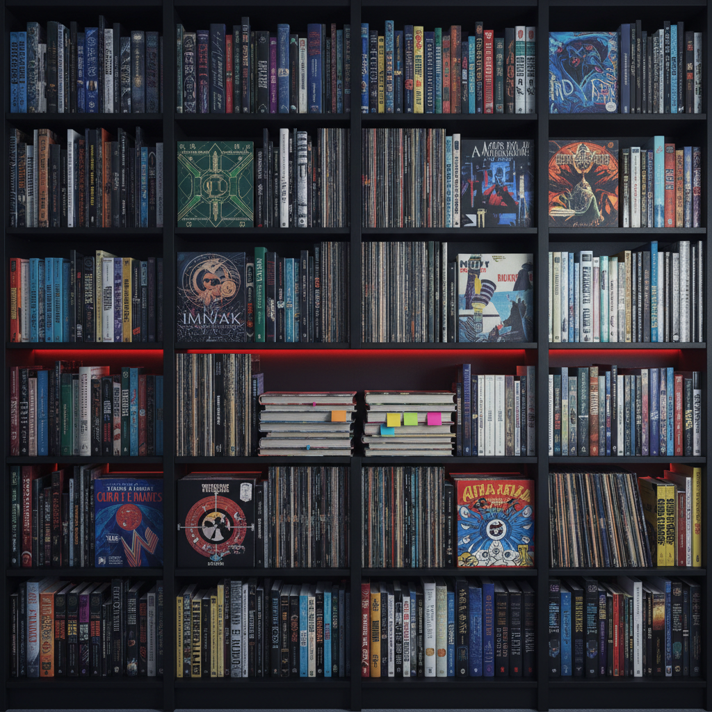 A minimalist, matte-black bookshelf packed with vividly colored fantasy novels, sci-fi hardcovers with metallic foiling, indie game boxes, and vinyl record sleeves, each neatly aligned yet slightly worn at the edges, hinting at heavy use. A single open shelf in the center displays a stack of dog-eared review notebooks with sticky tabs jutting out. Cool, diffused light from an overhead studio source creates crisp, photographic realism with sharp focus across every spine and texture, while a bold red LED strip hidden behind the shelves adds a subtle, rebellious glow. Shot straight-on with symmetrical framing, the mood is organized yet intense, capturing a space where every piece of media is dissected and spotlighted with unapologetic honesty.
