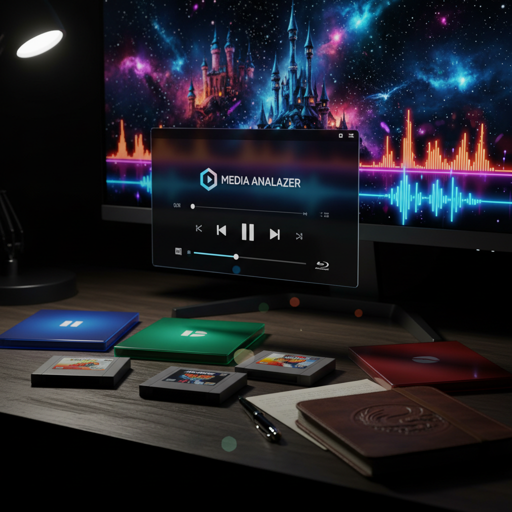 A sleek black media player interface floating above a dark, textured desk scattered with glossy jewel-toned Blu-ray cases, retro game cartridges, and a worn, embossed leather notebook. A high-end, matte-black monitor in the background displays a sharp, abstract collage of fantasy castles, starfields, and neon music waveforms. Dramatic side lighting from an unseen desk lamp carves bold highlights along the edges of the hardware and cases, leaving the background in rich, cinematic shadow. Shot at eye level in photographic realism with a shallow depth of field, the composition centers on the media player while the surrounding artifacts blur into vibrant bokeh, creating a bold, high-contrast atmosphere that suggests intense, honest critique across all types of media.