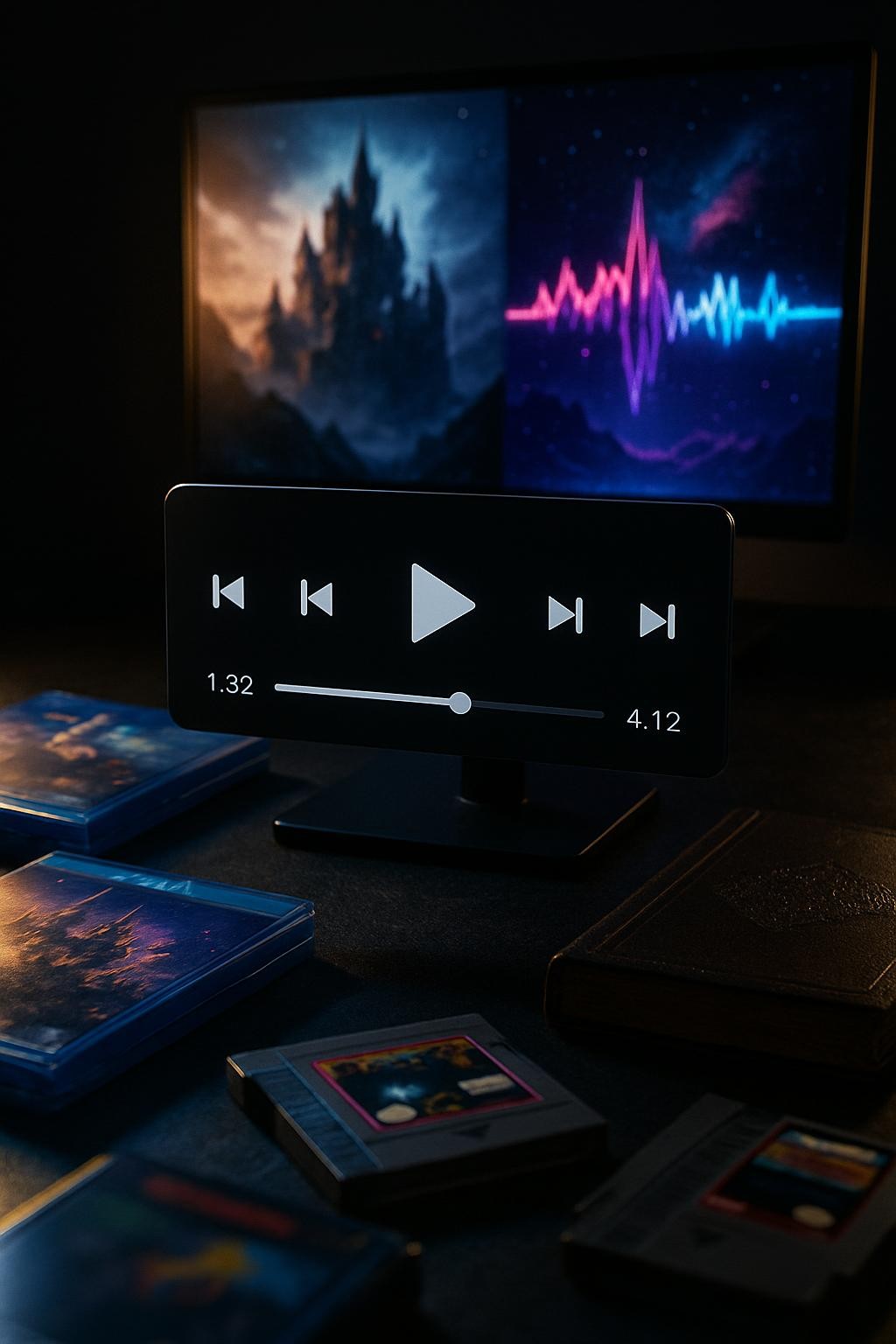 A sleek black media player interface floating above a dark, textured desk scattered with glossy jewel-toned Blu-ray cases, retro game cartridges, and a worn, embossed leather notebook. A high-end, matte-black monitor in the background displays a sharp, abstract collage of fantasy castles, starfields, and neon music waveforms. Dramatic side lighting from an unseen desk lamp carves bold highlights along the edges of the hardware and cases, leaving the background in rich, cinematic shadow. Shot at eye level in photographic realism with a shallow depth of field, the composition centers on the media player while the surrounding artifacts blur into vibrant bokeh, creating a bold, high-contrast atmosphere that suggests intense, honest critique across all types of media.